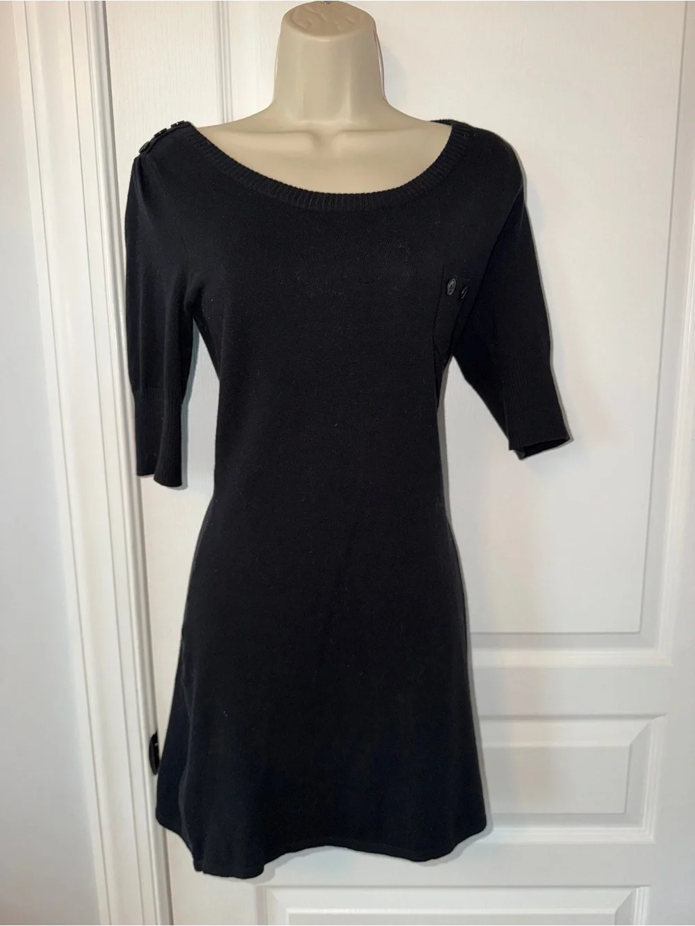Take Out Black Knit Sweater Dress Size Small 3/4 Sleeve Button Pocket